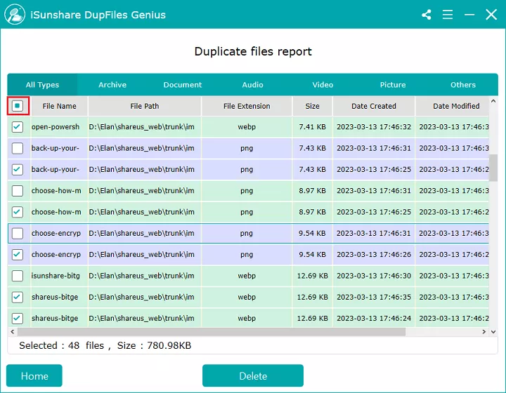 Check the checkbox besides File Name to select all the scanned files