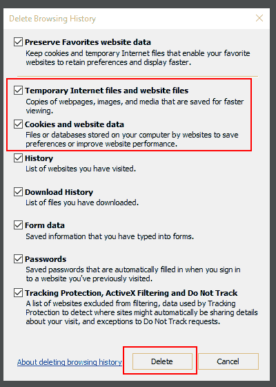 clear cache and cookies from ie