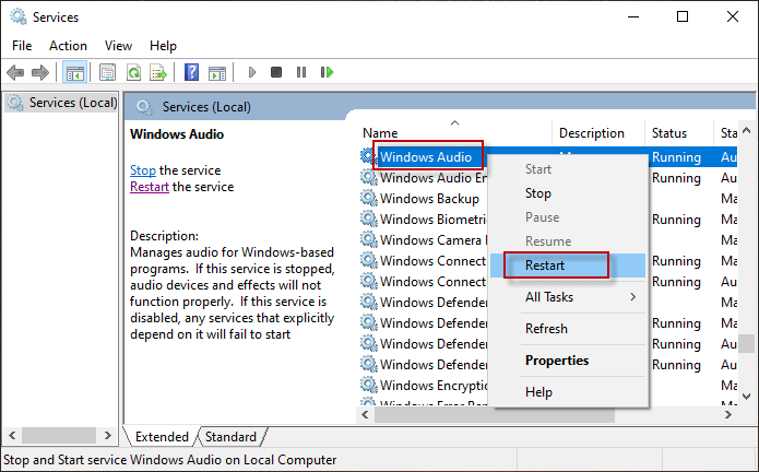 restart windows audio service