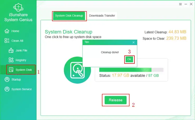 one click to free up space of system disk