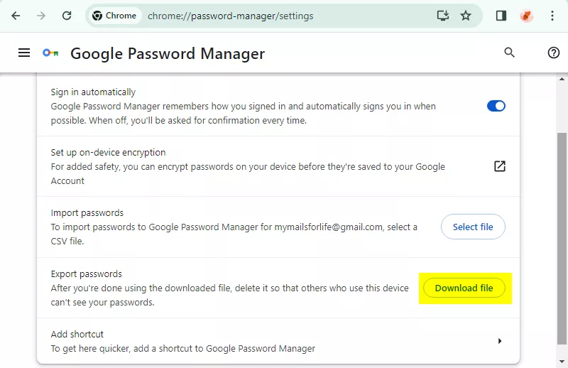Google Password Manager export passwords