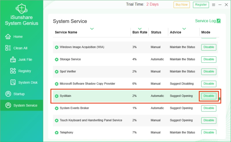 disable sysmain service via system genius