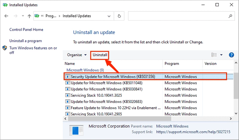 uninstall kb5031356 update
