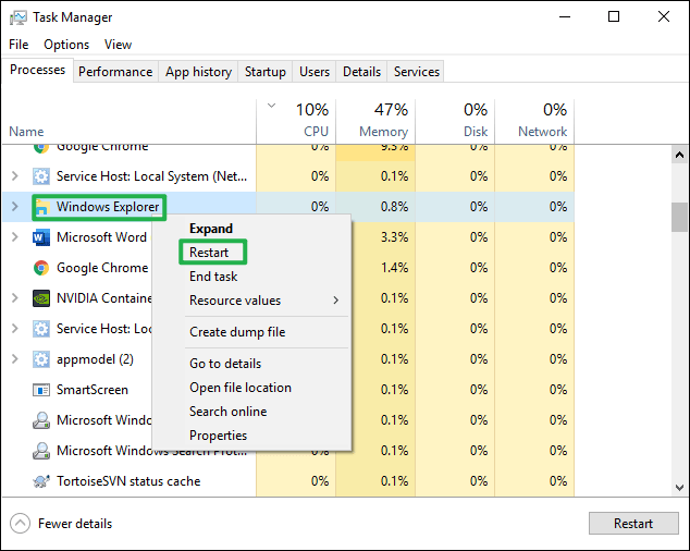 restart the windows explorer