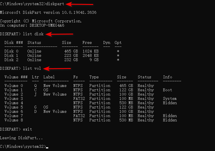 diskpart list command