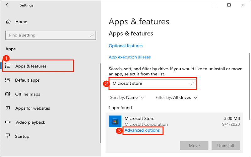 find microsoft store advanced options