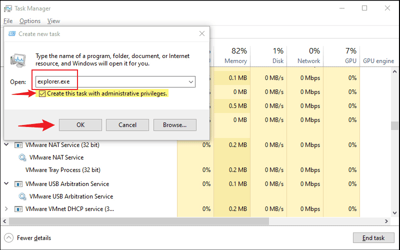 create explorer exe task