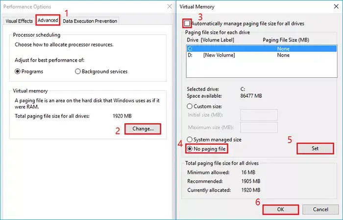 no paging file on c drive