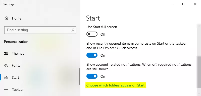 Choose which folders appear on Start