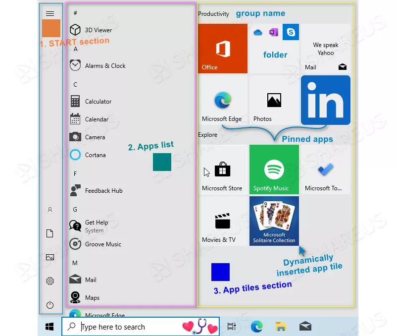 Start menu with annotations