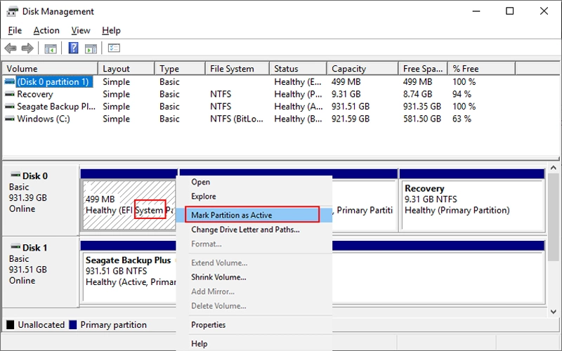 set system partition as an active one