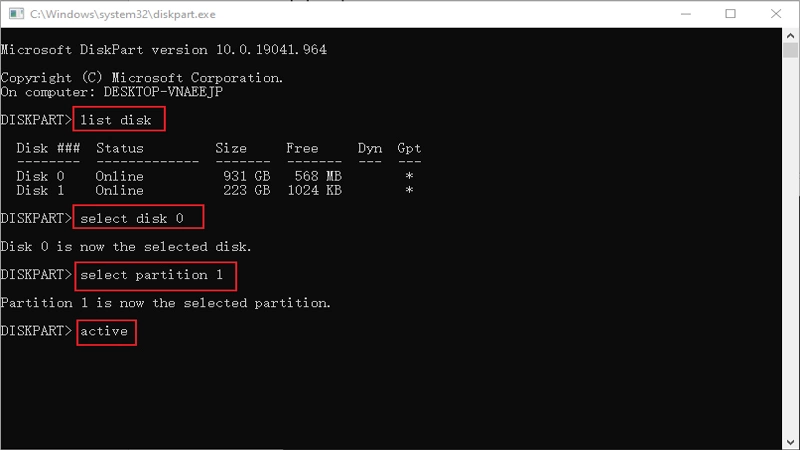 use commands to activate partition