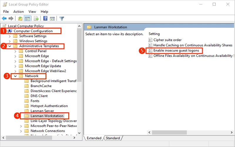 find enable insecure guest logons