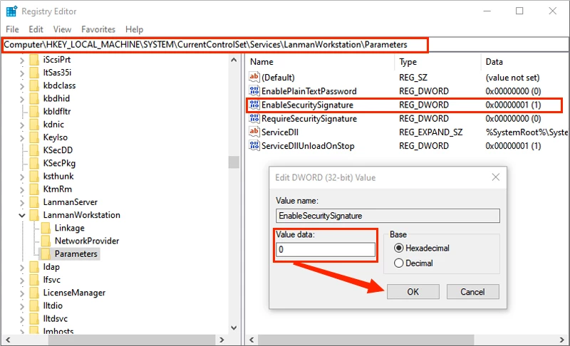 modify enablesecuritysignature value data