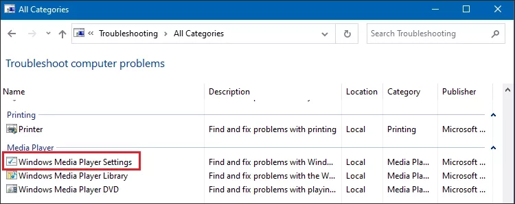 click windows media player settings