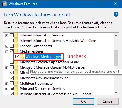 uncheck windows media player