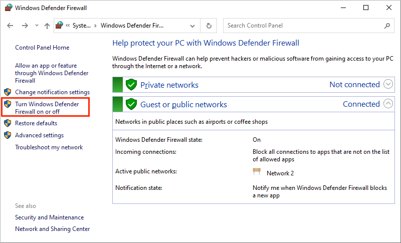 choose to turn windows defender firewall on or off