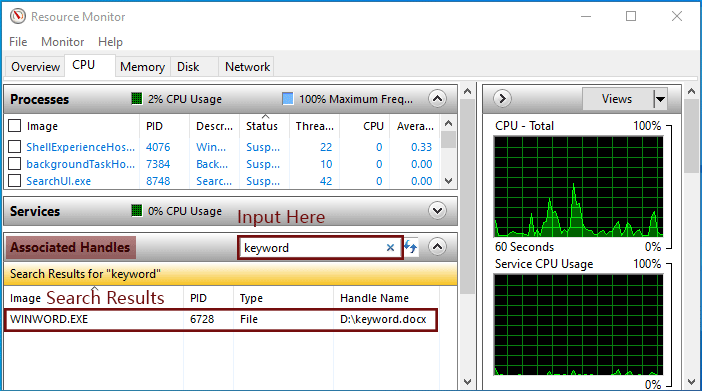 search in resource monitor