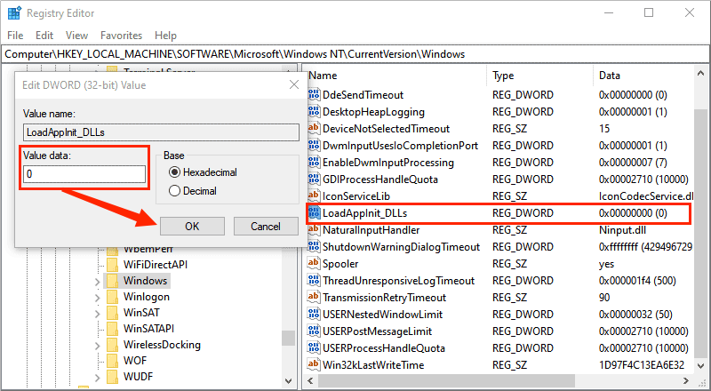 change loadapplnit dlls value data to 0