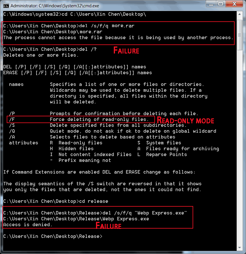 fail to force delete file