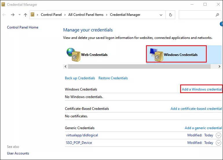 click add a windows credential