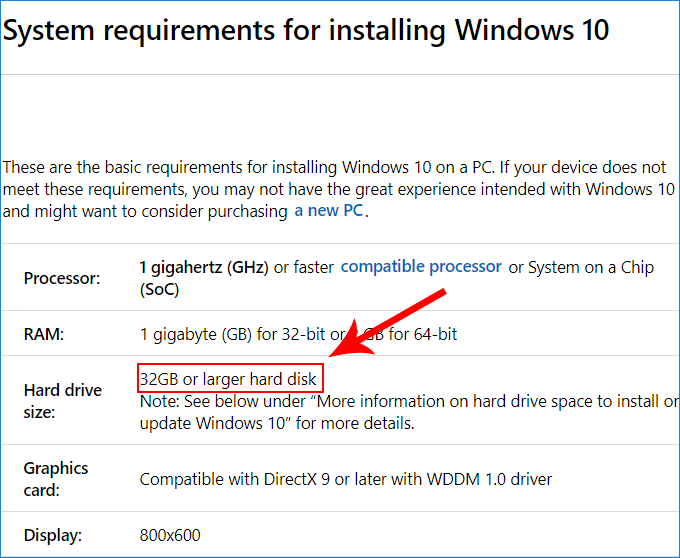 minimum hard drive size requirement of windows 10