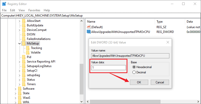 modify the value data to 1