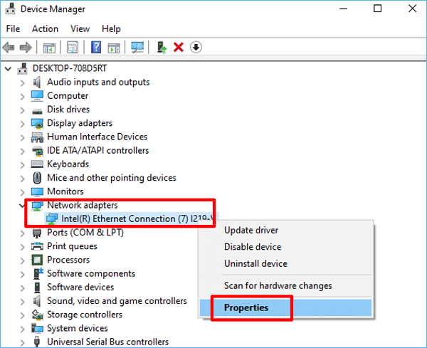 open network adapter properties