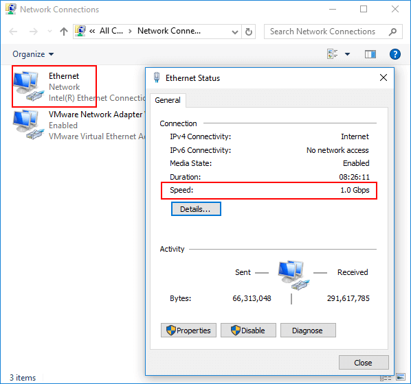 check ethernet speed by control panel