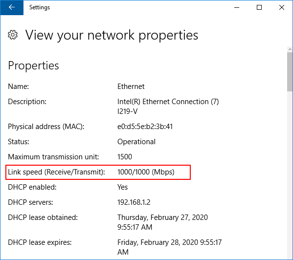 check ethernet speed by windows settings