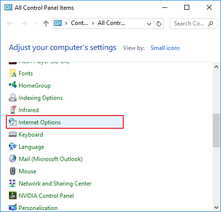 open internet options via control panel