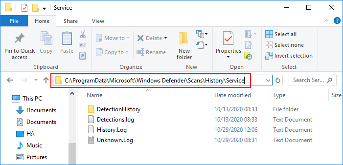 clear protection history of windows defender by file explorer