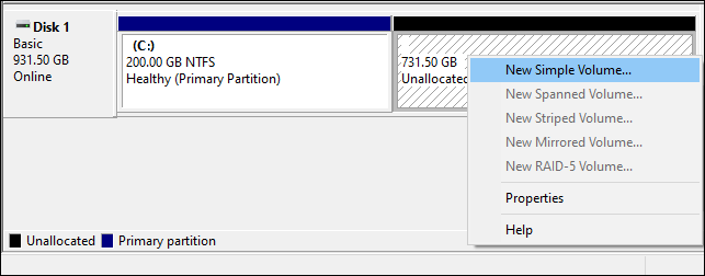 create new volume from unallocated space