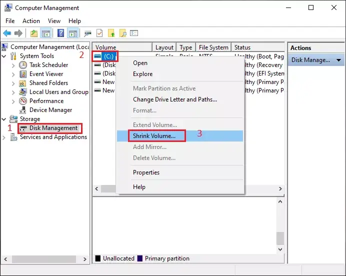 disk management c drive shrink volume