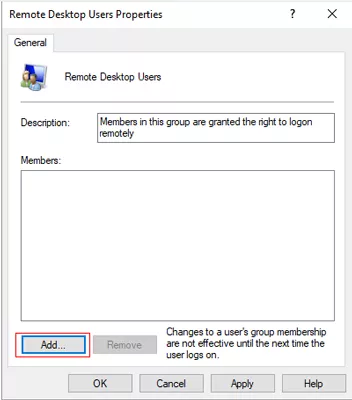 click add to add remote desktop users