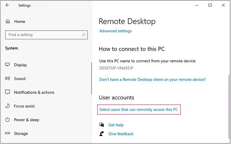 turn on remote desktop settings