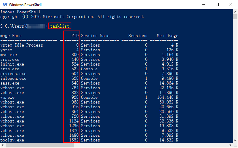 check pid in powershell window
