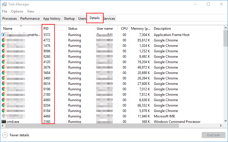 check pid in task manager