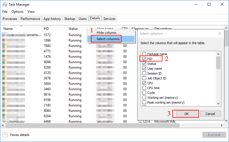 find pid property in task manager