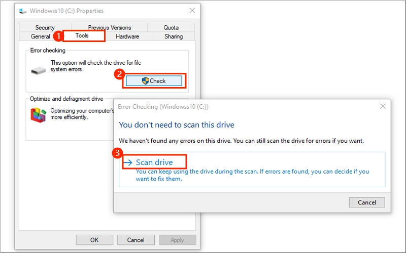 run disk error checking tool