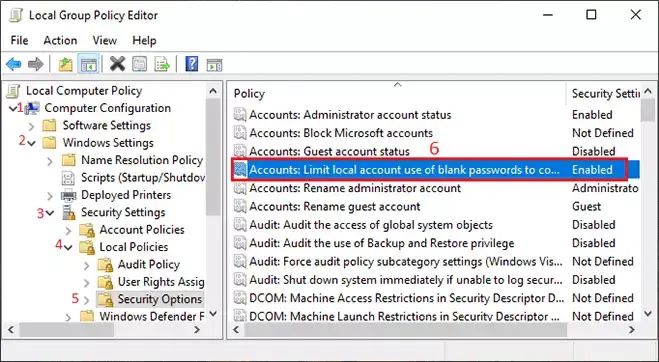 disable blank password via local group policy editor