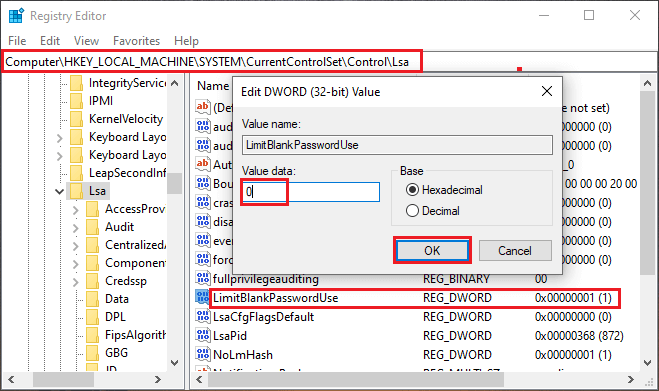 disable blank password via registry editor