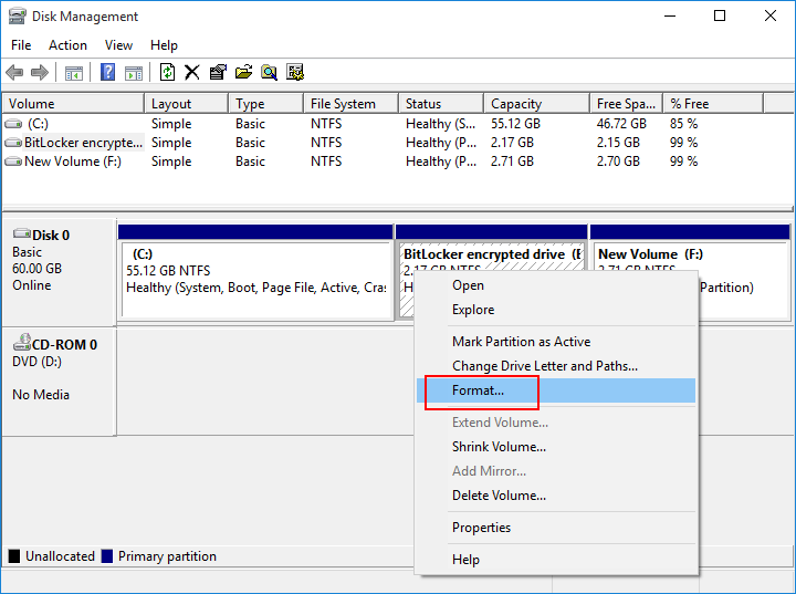 format bitlocker encrypted drive by disk management