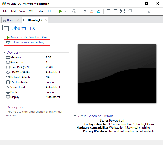 edit virtual machine settings