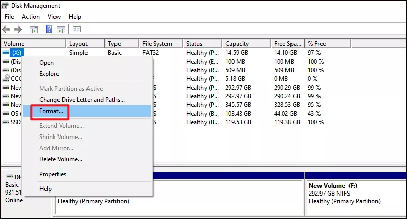 format usb drive in disk-management