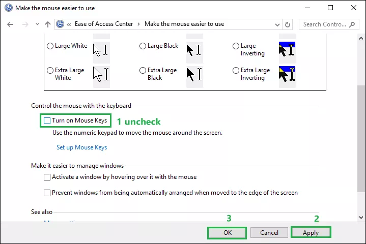 uncheck the turn on mouse keys
