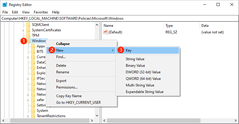 create a new key of windowsupdate