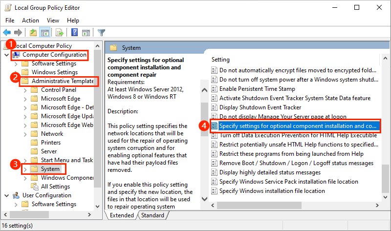 find specify settings for- optional component installation