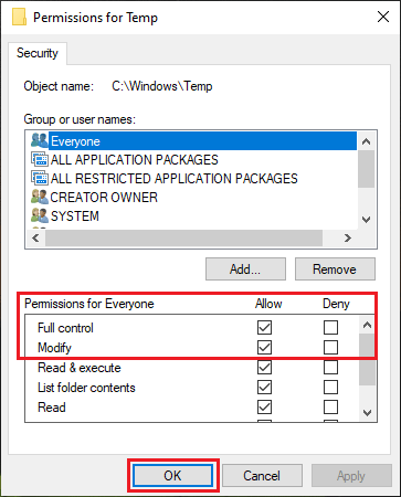 check permissions for temp folder