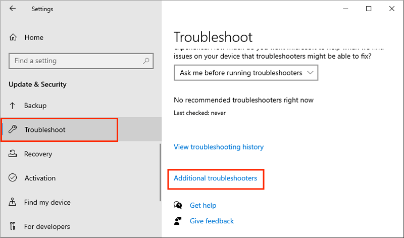 win 10 troubleshoot page